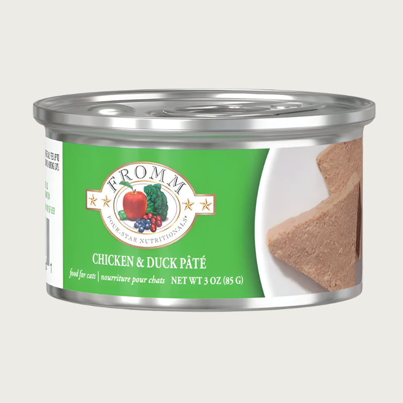 A 3 oz can of Fromm cat food chicken & duck pâté.