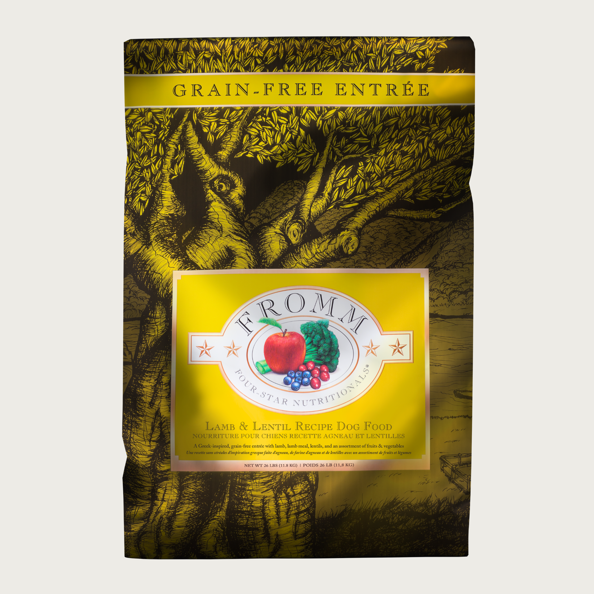 A 26 pound black and yellow bag of Fromm Lamb & Lentil Recipe dog food. The banner on top of the bag reads "Grain-Free Entree".