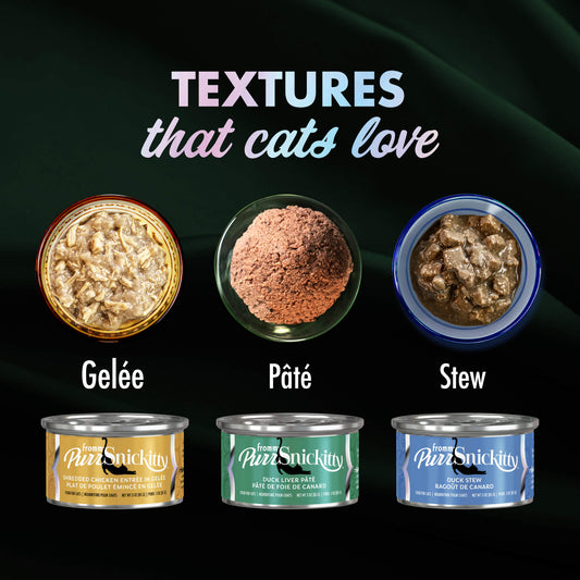 Side by side display of all three flavors of PurrSnickitty wet food, to show the different textures. Gelee has pieces of shredded chicken in a gelee style gravy. Pate is a smooth textured duck liver pate. Stew features chunks of duck in gravy.