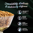 Load image into Gallery viewer, Text-heavy image that features a photo of a clear glass bowl full of PurrSnickitty dry cat food on black background, on left side. Small pieces are a rounded "Y" shape. Text on top reads, "Irresistibly delicate & deliciously different". Text column on right side reads: high quality chicken, delicate texture, added probiotics, essential fatty acids.
