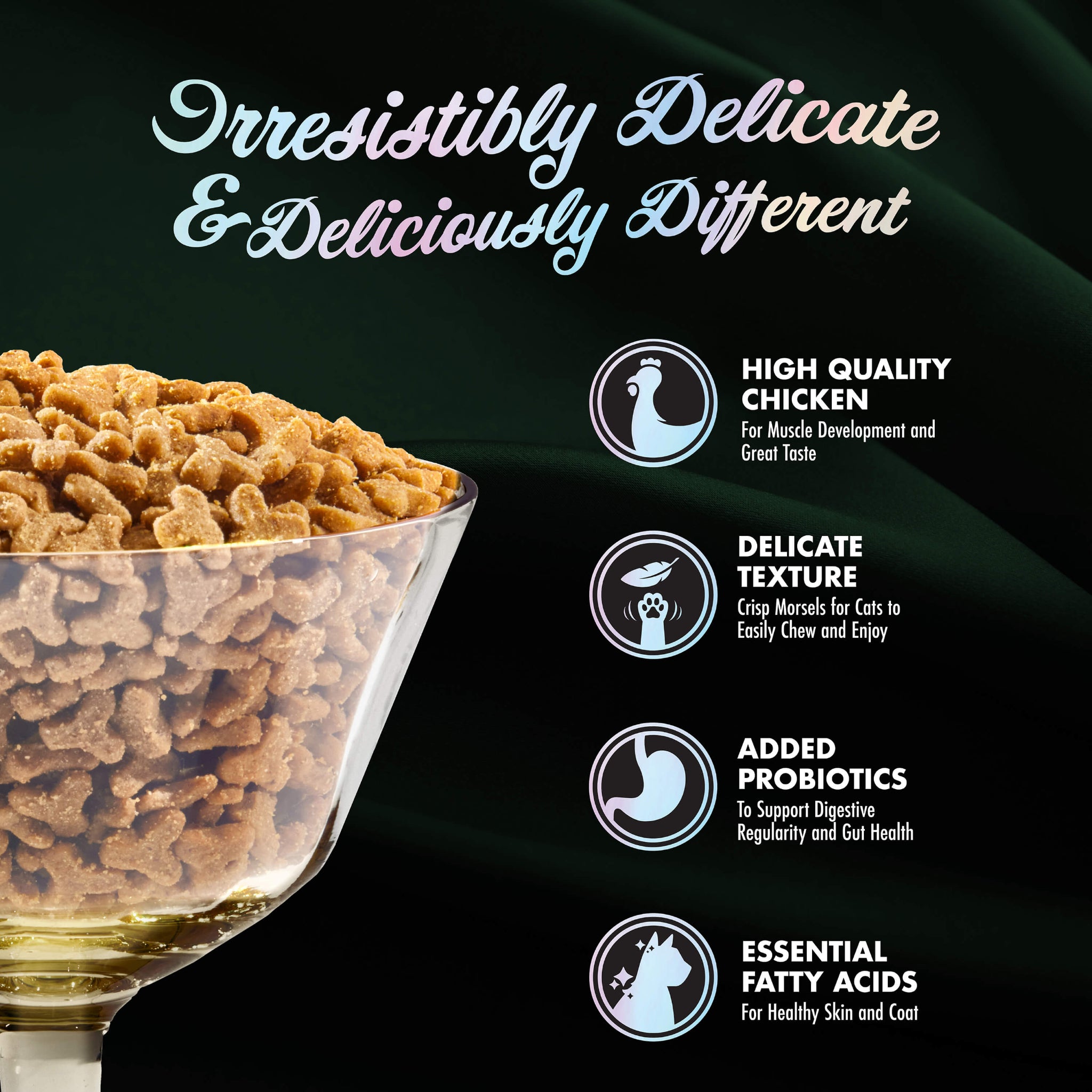 Text-heavy image that features a photo of a clear glass bowl full of PurrSnickitty dry cat food on black background, on left side. Small pieces are a rounded "Y" shape. Text on top reads, "Irresistibly delicate & deliciously different". Text column on right side reads: high quality chicken, delicate texture, added probiotics, essential fatty acids.