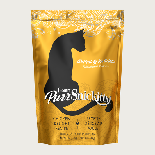 4 lb gold bag of Fromm PurrSnickitty Chicken Delight Recipe dry cat food, with black cat silhouette featured.
