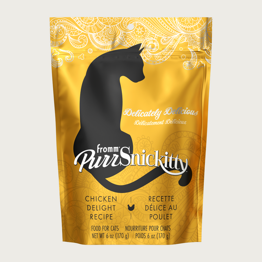 6 oz gold bag of Fromm PurrSnickitty Chicken Delight Recipe dry cat food, with black cat silhouette featured.