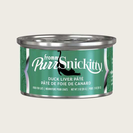 3 oz green can of Fromm PurrSnickitty Duck Liver Pate cat food, with stretching black cat silhouette featured.