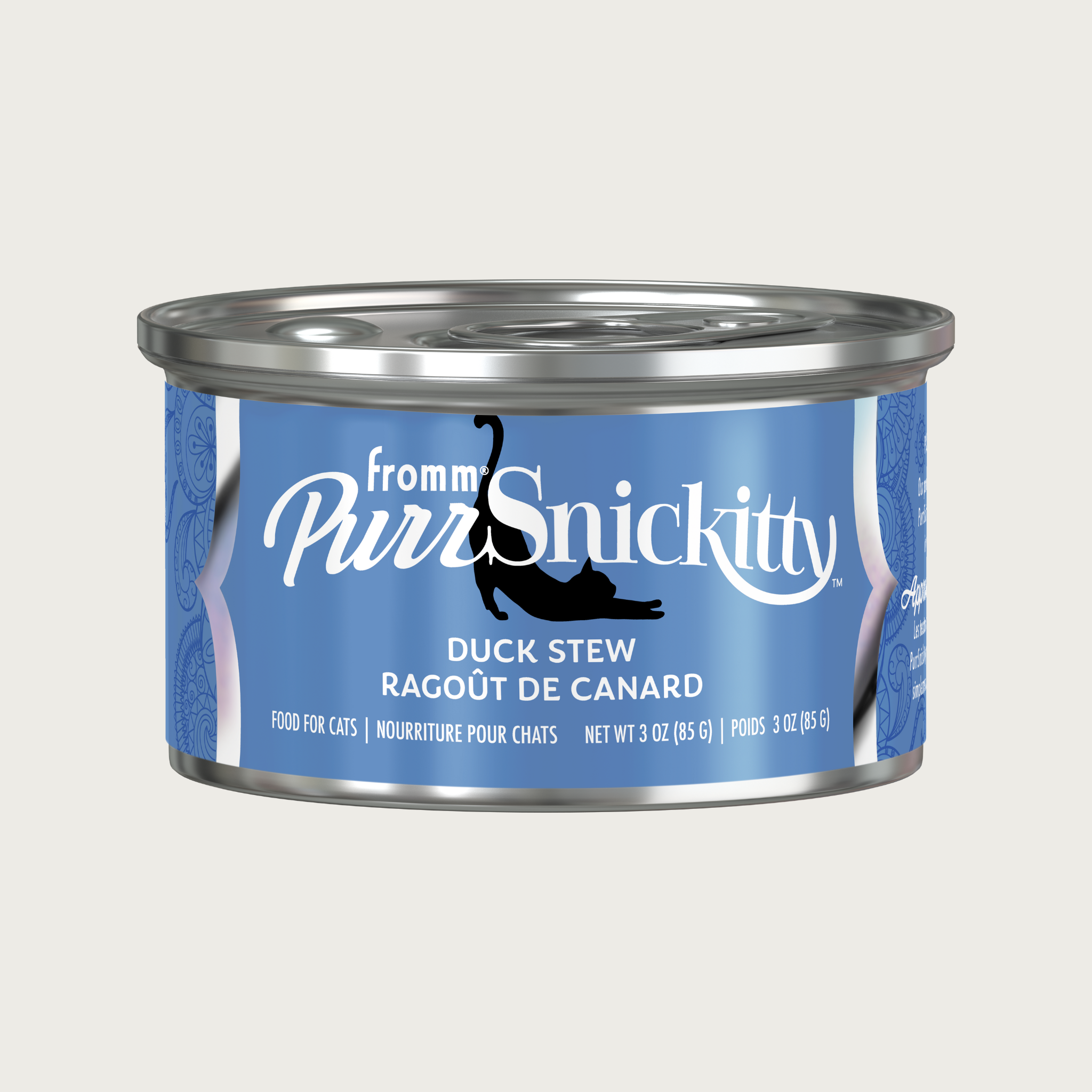 3 oz blue can of Fromm PurrSnickitty Duck Stew cat food, with stretching black cat silhouette featured.