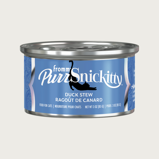 3 oz blue can of Fromm PurrSnickitty Duck Stew cat food, with stretching black cat silhouette featured.