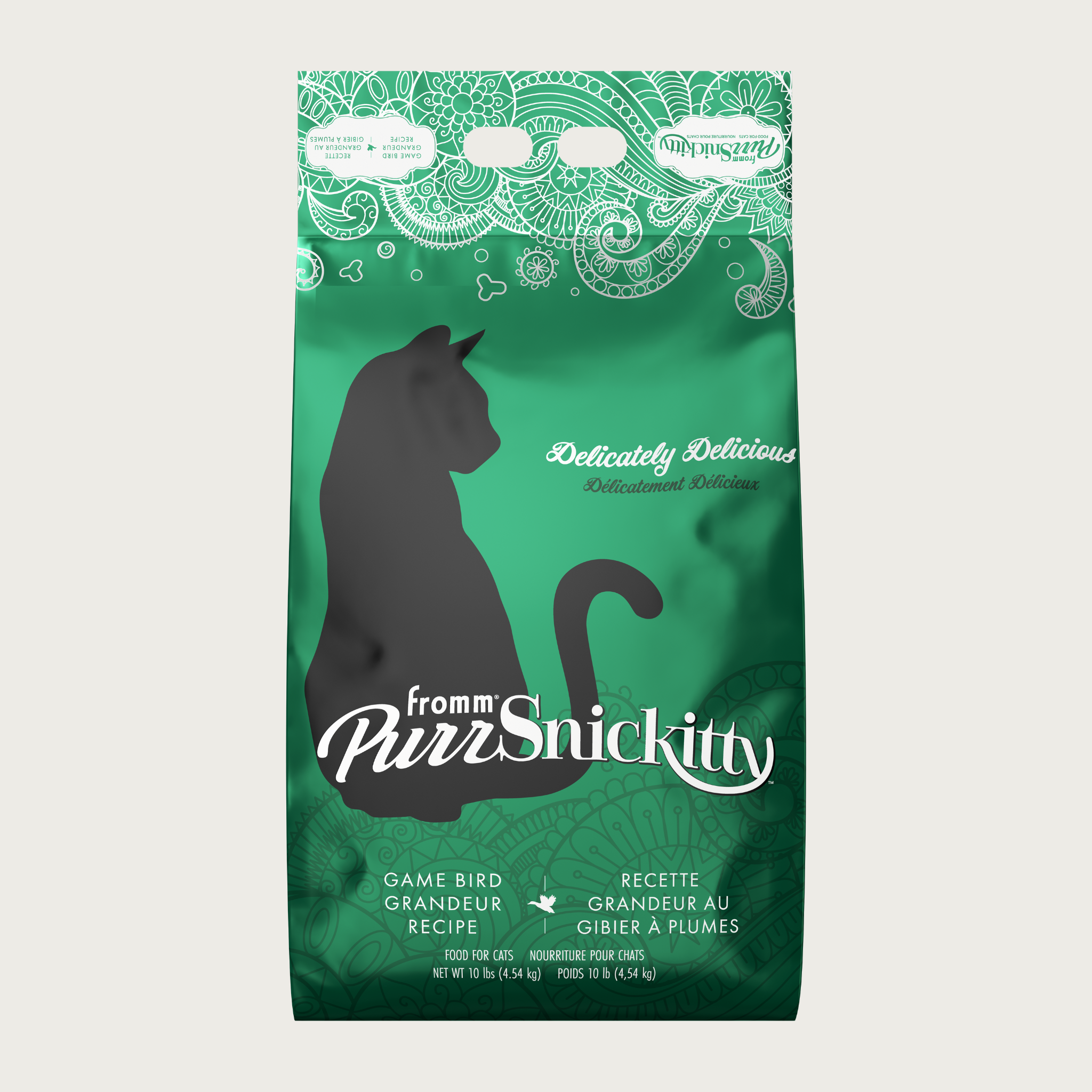 10 lb green bag of Fromm PurrSnickitty Game Bird Grandeur Recipe dry cat food, with black cat silhouette featured.