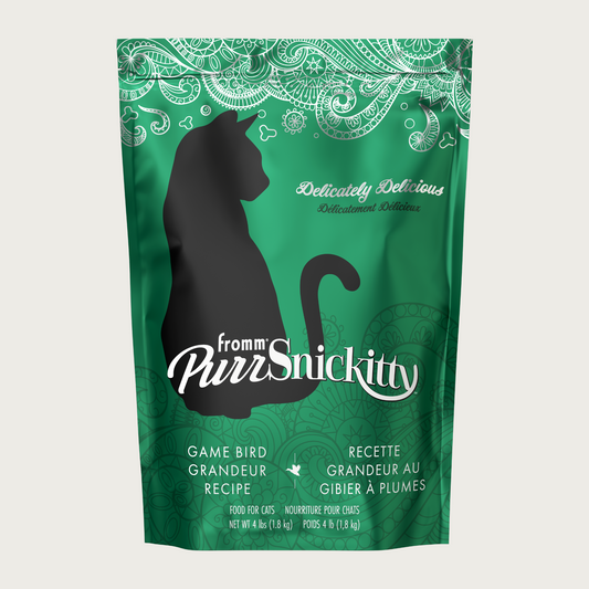 4 lb green bag of Fromm PurrSnickitty Game Bird Grandeur Recipe dry cat food, with black cat silhouette featured.