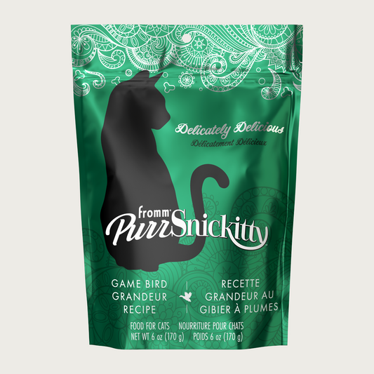 6 oz green bag of Fromm PurrSnickitty Game Bird Grandeur Recipe dry cat food, with black cat silhouette featured.