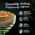 Load image into Gallery viewer, Text-heavy image that features a photo of a clear glass bowl full of PurrSnickitty dry cat food on black background, on left side. Small pieces are a rounded "Y" shape. Text on top reads, "Irresistibly delicate & deliciously different". Text column on right side reads: turkey, duck, pheasant, quail & goose, delicate texture, added probiotics, essential fatty acids.
