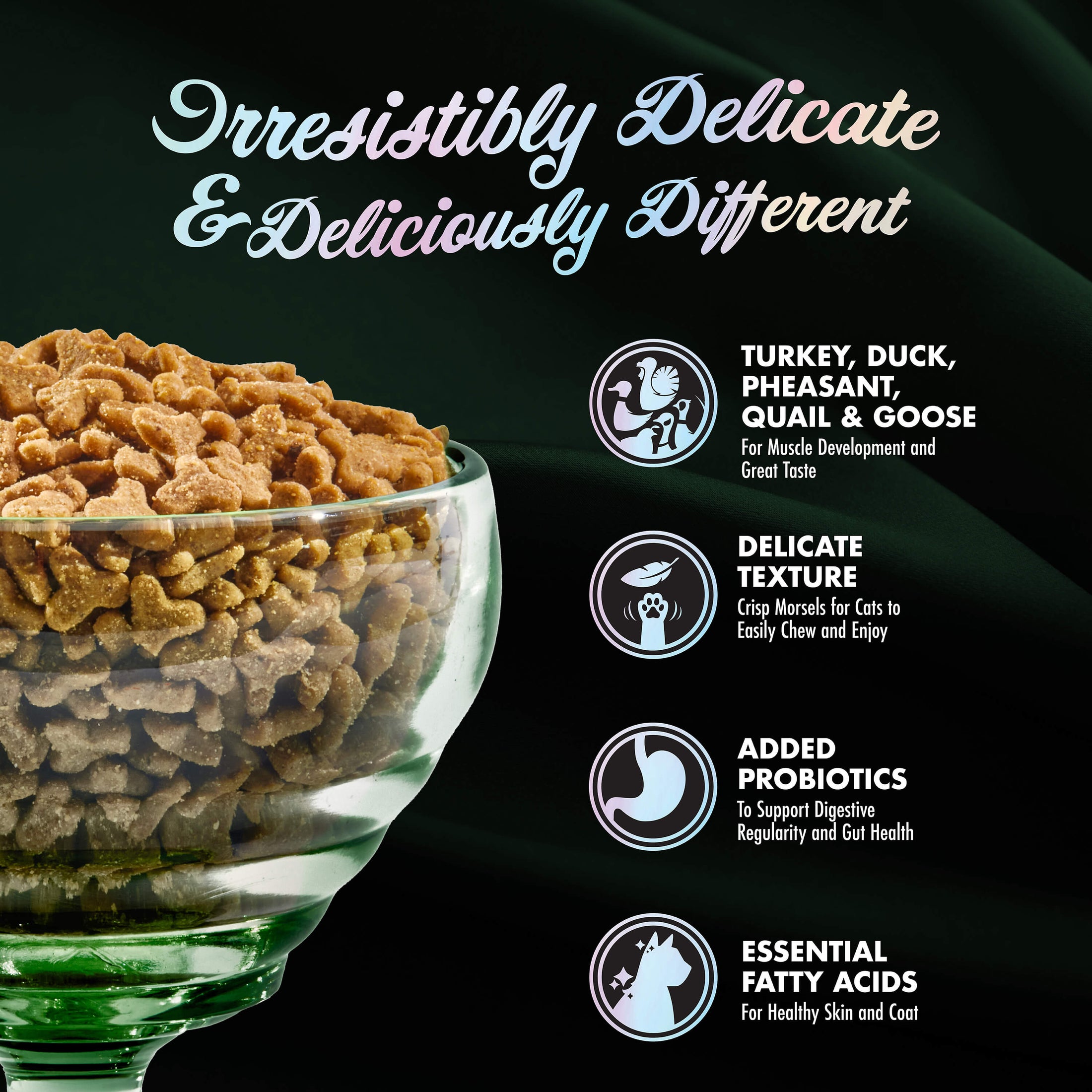 Text-heavy image that features a photo of a clear glass bowl full of PurrSnickitty dry cat food on black background, on left side. Small pieces are a rounded "Y" shape. Text on top reads, "Irresistibly delicate & deliciously different". Text column on right side reads: turkey, duck, pheasant, quail & goose, delicate texture, added probiotics, essential fatty acids.