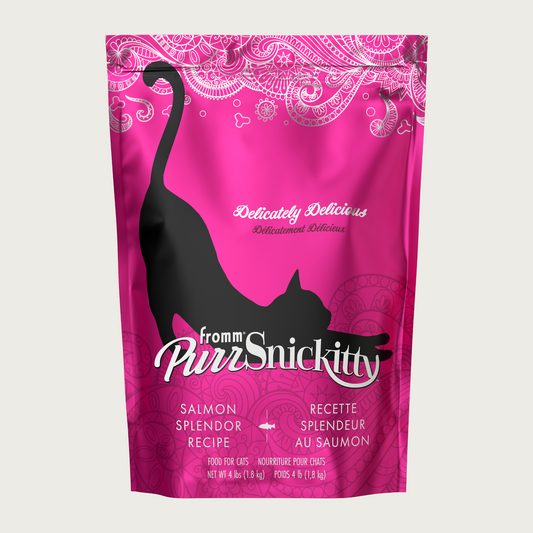 4 lb hot pink bag of Fromm PurrSnickitty Salmon Splendor Recipe dry cat food, with black cat silhouette featured.