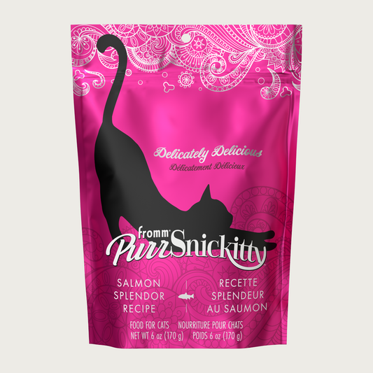 6 oz hot pink bag of Fromm PurrSnickitty Salmon Splendor Recipe dry cat food, with black cat silhouette featured.