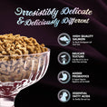 Load image into Gallery viewer, Text-heavy image that features a photo of a clear glass bowl full of PurrSnickitty dry cat food on black background, on left side. Small pieces are a rounded "Y" shape. Text on top reads, "Irresistibly delicate & deliciously different". Text column on right side reads: high quality salmon, delicate texture, added probiotics, essential fatty acids.

