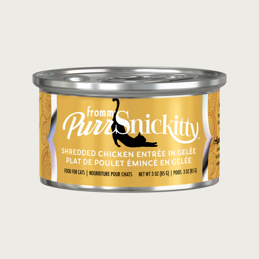 3 oz gold can of Fromm PurrSnickitty Shredded Chicken Entree in Gelee cat food, with stretching black cat silhouette featured.