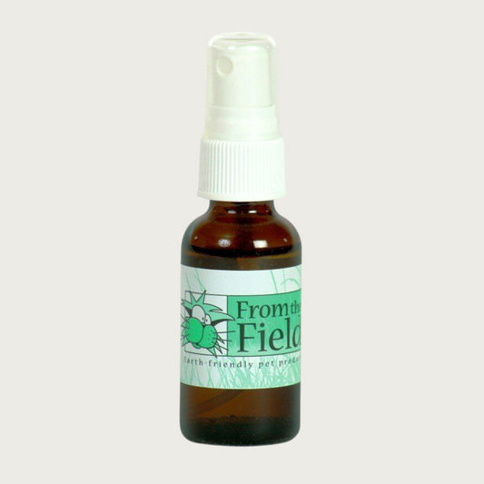 Brown glass bottle with white spray top with cap, of From the Field Catnip Essential Oil Rejuvenator spray, 1 oz.