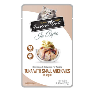 fussie cat adult cat food tuna with small anchovies in aspic 2.47 oz pouch