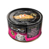 2.82 oz black & hot pink can of Fussie Cat Black Label Tuna with Ocean Fish Formula in Gravy. Complete and balanced diet for all life stages. Fortified with vitamins and minerals. So tasty your cat can't resist! Small photo on top of can shows product inside - flakes and shreds of tuna and ocean fish in gravy.