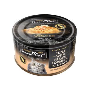 2.82 oz black & tan can of Fussie Cat Black Label Tuna with Prawn Formula in Gravy. Complete and balanced diet for all life stages. Fortified with vitamins and minerals. So tasty your cat can't resist! Small photo on top of can shows product inside - flakes of tuna and small, whole prawn in gravy.