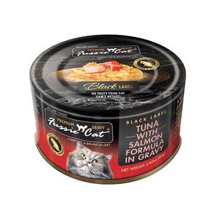 2.82 oz black & red can of Fussie Cat Black Label Tuna with Salmon Formula in Gravy. Complete and balanced diet for all life stages. Fortified with vitamins and minerals. So tasty your cat can't resist! Small photo on top of can shows product inside - flakes of tuna and salmon in gravy.