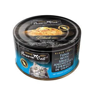 2.82 oz black & blue can of Fussie Cat Black Label Tuna with Small Anchovies Formula in Gravy. Complete and balanced diet for all life stages. Fortified with vitamins and minerals. So tasty your cat can't resist! Small photo on top of can shows product inside - flakes of tuna and small, whole anchovies in gravy.