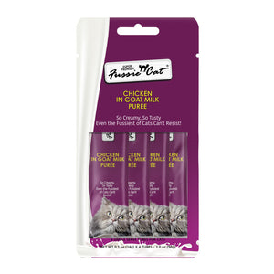 Purple and white 2 oz package, containing 4 - 0.5 oz tubes of Fussie Cat Chicken in Goat Milk Puree. 