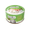 A 2.47 oz lime green can of Fussie Cat Chicken with Duck Formula in Goat Milk Gravy cat food. Super premium, for all life stages - "so tasty your cat can't resist!" Image on top of can shows flaked and shredded chicken and duck.