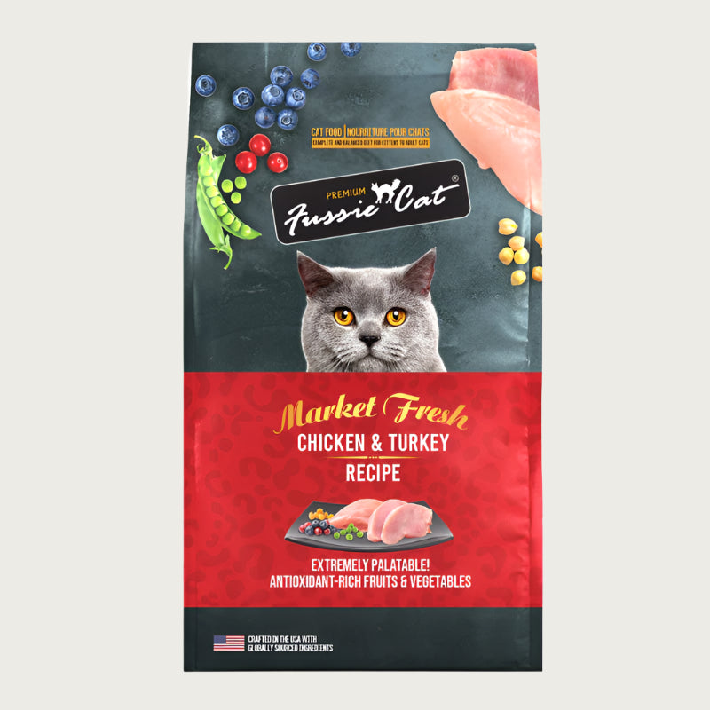 3.5 lb red and black bag of Fussie Cat Market Fresh Chicken & Turkey Recipe cat food. Complete and balanced diet for kittens to adult cats. Extremely palatable; with antioxidant rich fruits & vegetables.