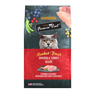 3.5 lb red and black bag of Fussie Cat Market Fresh Chicken & Turkey Recipe cat food. Complete and balanced diet for kittens to adult cats. Extremely palatable; with antioxidant rich fruits & vegetables.