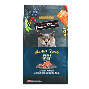 3.5 lb navy blue and black bag of Fussie Cat Market Fresh Salmon Recipe cat food. Complete and balanced diet for kittens to adult cats. Extremely palatable; with antioxidant rich fruits & vegetables.
