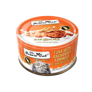 A 2.47 oz orange can of Fussie Cat Tuna with Anchovies Formula in Goat Milk Gravy cat food. Super premium, for all life stages - "so tasty your cat can't resist!" Image on top of can shows flaked tuna and anchovies.