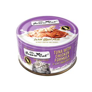 A 2.47 oz purple can of Fussie Cat Tuna with Chicken Formula in Goat Milk Gravy cat food. Super premium, for all life stages - "so tasty your cat can't resist!" Image on top of can shows shredded tuna and chicken.
