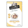 A 2.47 oz pouch of Fussie Cat complete & balanced adult cat food, tuna with chicken in aspic. Image in center shows flaked tuna and shredded chicken.