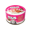 A 2.47 oz hot pink can of Fussie Cat Tuna with Ocean Fish Formula in Goat Milk Gravy cat food. Super premium, for all life stages - "so tasty your cat can't resist!" Image on top of can shows flaked tuna and shredded fish.