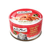 A 2.47 oz red can of Fussie Cat Tuna with Salmon Formula in Goat Milk Gravy cat food. Super premium, for all life stages - "so tasty your cat can't resist!" Image on top of can shows flaked tuna and salmon.