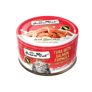 A 2.47 oz red can of Fussie Cat Tuna with Salmon Formula in Goat Milk Gravy cat food. Super premium, for all life stages - "so tasty your cat can't resist!" Image on top of can shows flaked tuna and salmon.