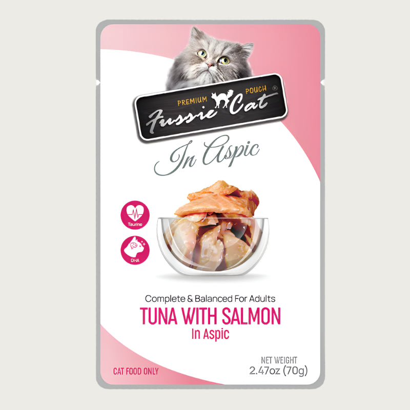 A 2.47 oz pouch of Fussie Cat complete & balanced adult cat food, tuna with salmon in aspic. Image in center shows flaked tuna and salmon.