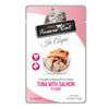 A 2.47 oz pouch of Fussie Cat complete & balanced adult cat food, tuna with salmon in aspic. Image in center shows flaked tuna and salmon.