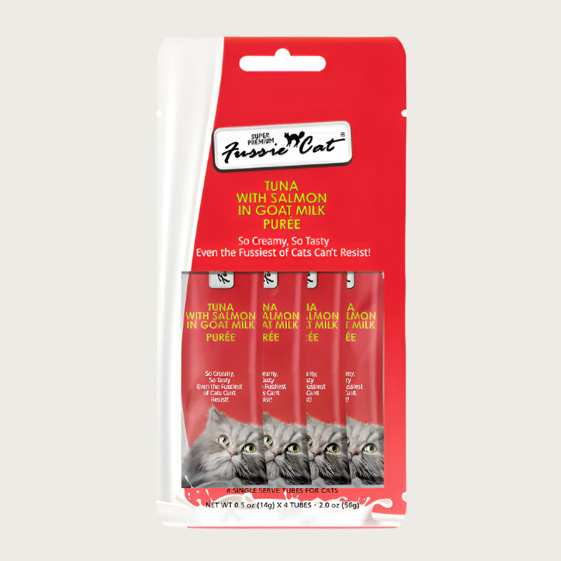 Red and white 2 oz package, containing 4 - 0.5 oz tubes of Fussie Cat Tuna with Salmon in Goat Milk Puree. 