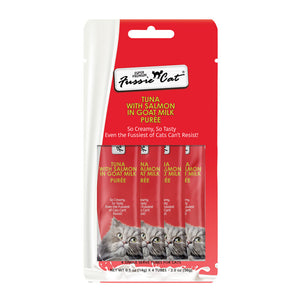 Red and white 2 oz package, containing 4 - 0.5 oz tubes of Fussie Cat Tuna with Salmon in Goat Milk Puree. 