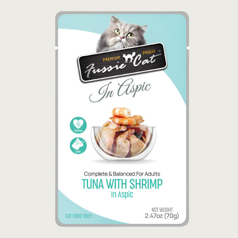 A 2.47 oz pouch of Fussie Cat complete & balanced adult cat food, tuna with shrimp in aspic. Image in center shows flaked tuna and small, whole shrimp.