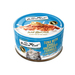A 2.47 oz blue can of Fussie Cat Tuna with Small Anchovies Formula in Goat Milk Gravy cat food. Super premium, for all life stages - "so tasty your cat can't resist!" Image on top of can shows flaked tuna and small, whole anchovies.
