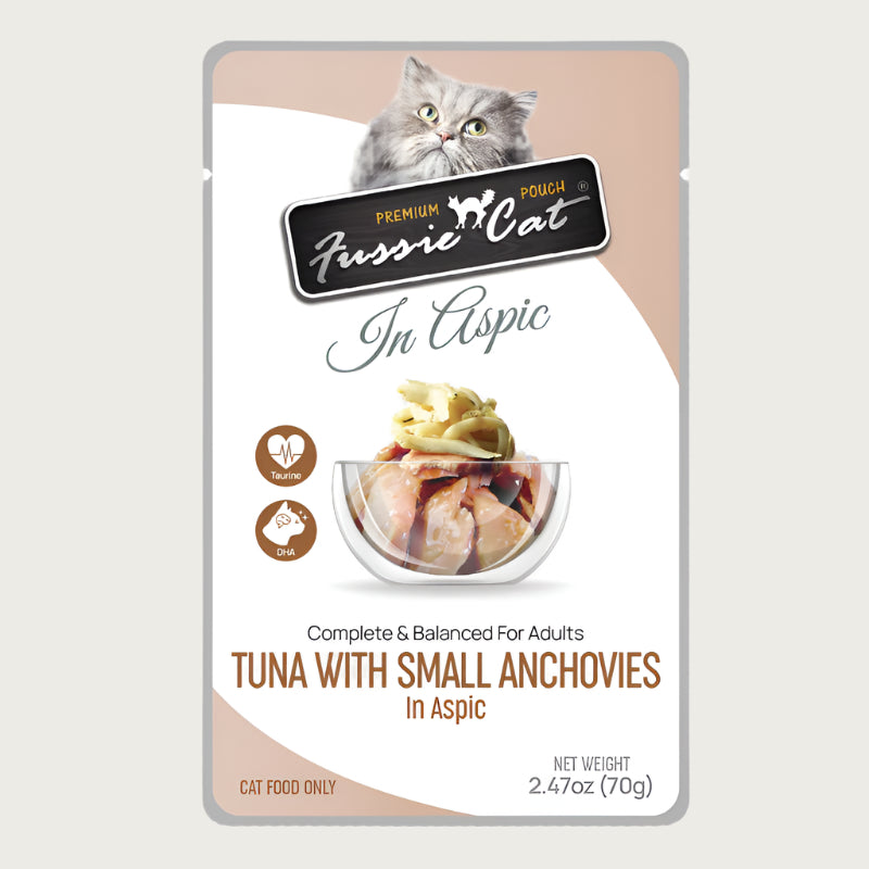 A 2.47 oz pouch of Fussie Cat complete & balanced adult cat food, tuna with small anchovies in aspic. Image in center shows flaked tuna and small, whole anchovies.