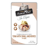 A 2.47 oz pouch of Fussie Cat complete & balanced adult cat food, tuna with small anchovies in aspic. Image in center shows flaked tuna and small, whole anchovies.