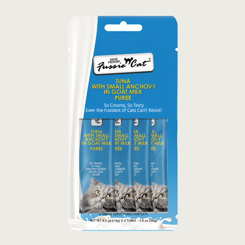 Blue and white 2 oz package, containing 4 - 0.5 oz tubes of Fussie Cat Tuna with Small Anchovy in Goat Milk Puree. 