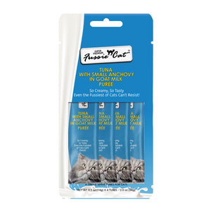 Blue and white 2 oz package, containing 4 - 0.5 oz tubes of Fussie Cat Tuna with Small Anchovy in Goat Milk Puree. 