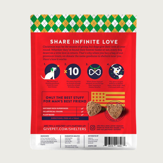 Rear view of the GivePet Muttcracker dog treat bag. It is red with green, gold & white argyle border on top. Details of their shelter donation program are listed, along with ingredients and guaranteed analysis. There is a photo of 2 of the brown, heart shaped treats.