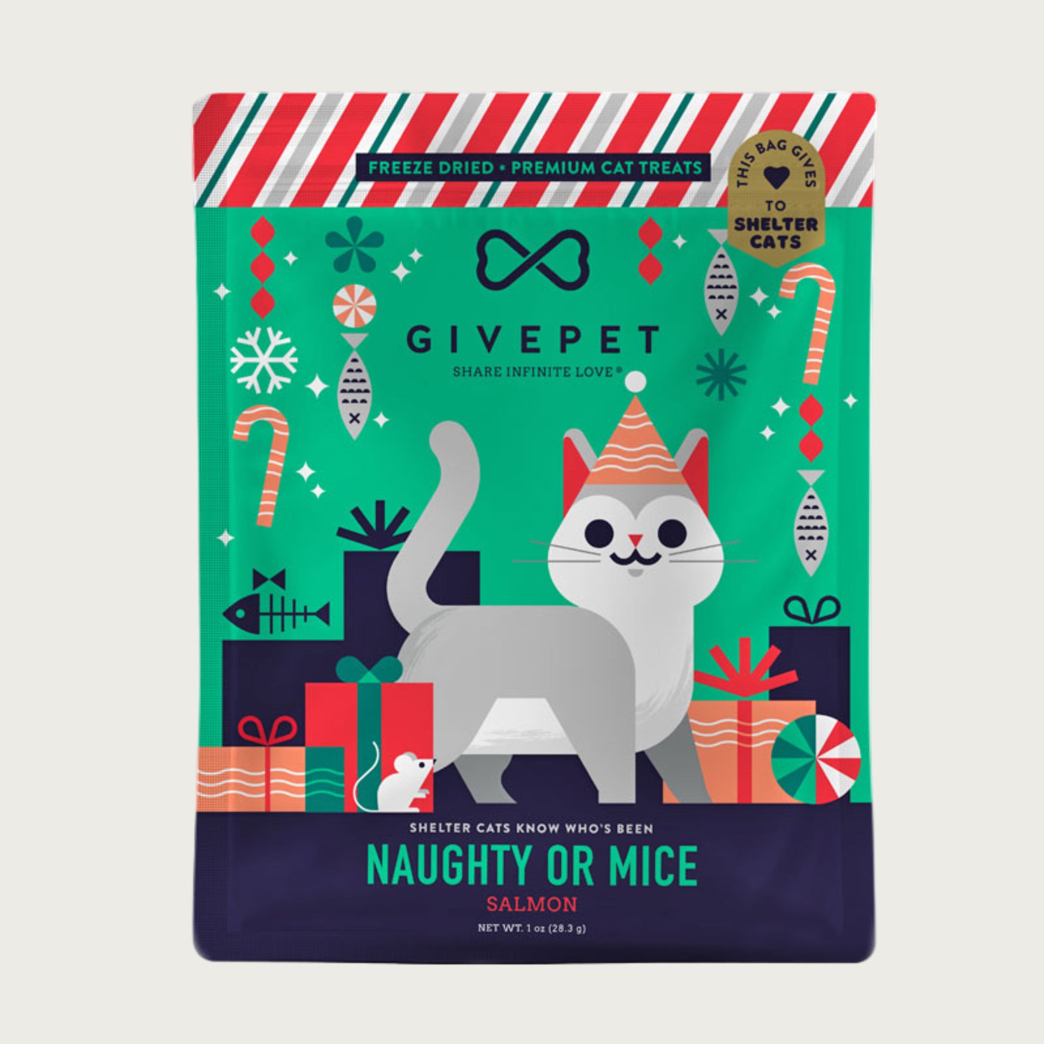 1 oz GivePet Naughty or Mice (Salmon) cat treat bag with Christmas-themed design and cat illustration. Freeze-dried premium cat treats. Badge on top corner reads "This bag gives to shelter cats."