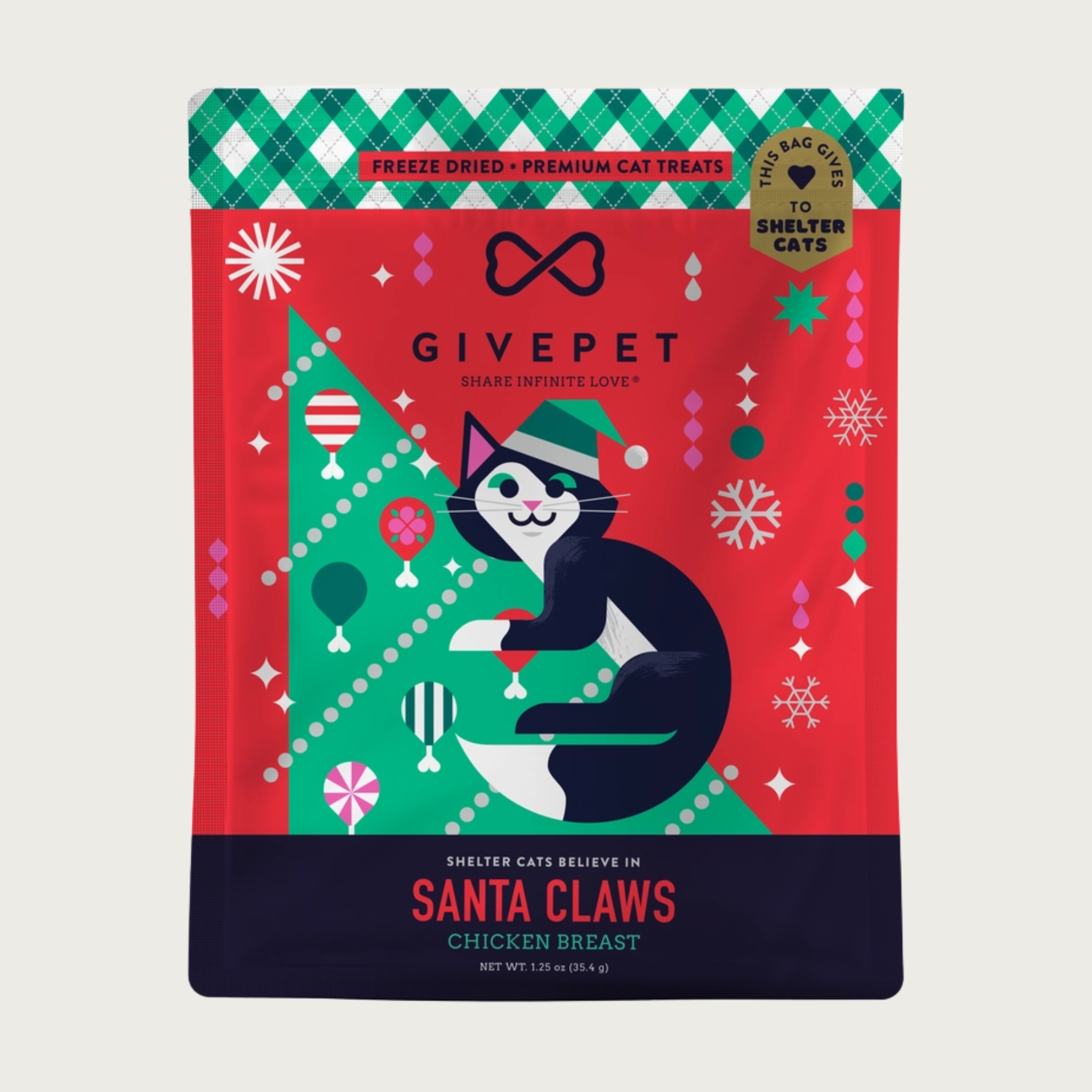 1.25 oz GivePet Santa Claws (Chicken Breast) cat treat bag with Christmas-themed design and cat illustration. Freeze-dried premium cat treats. Badge on top corner reads "This bag gives to shelter cats."