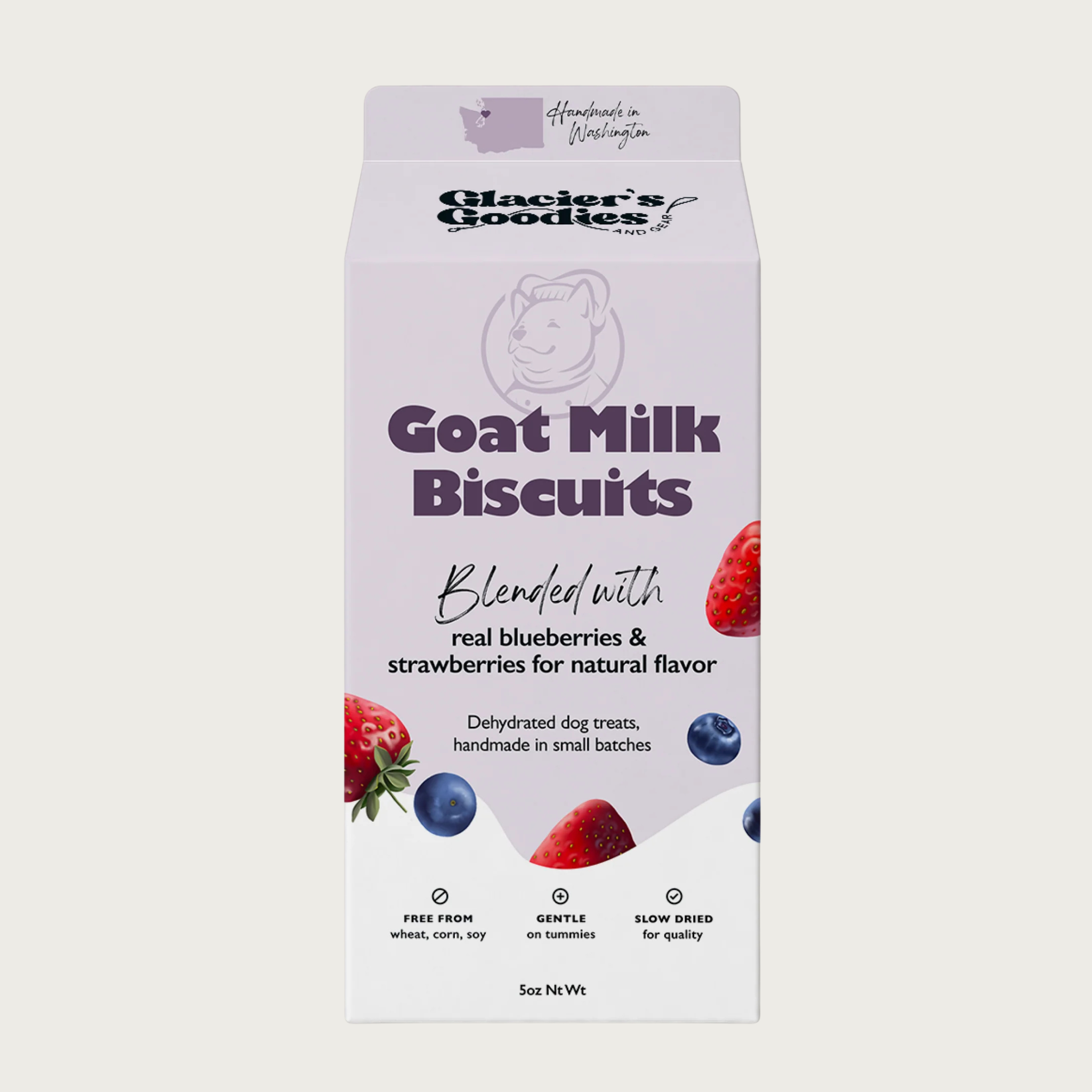 Carton of Glacier's Goodies Goat Milk Biscuits blended with real blueberries and strawberries for natural flavor. Dehydrated dog treats, handmade in small batches. Handmade in Washington. 5 oz net wt.